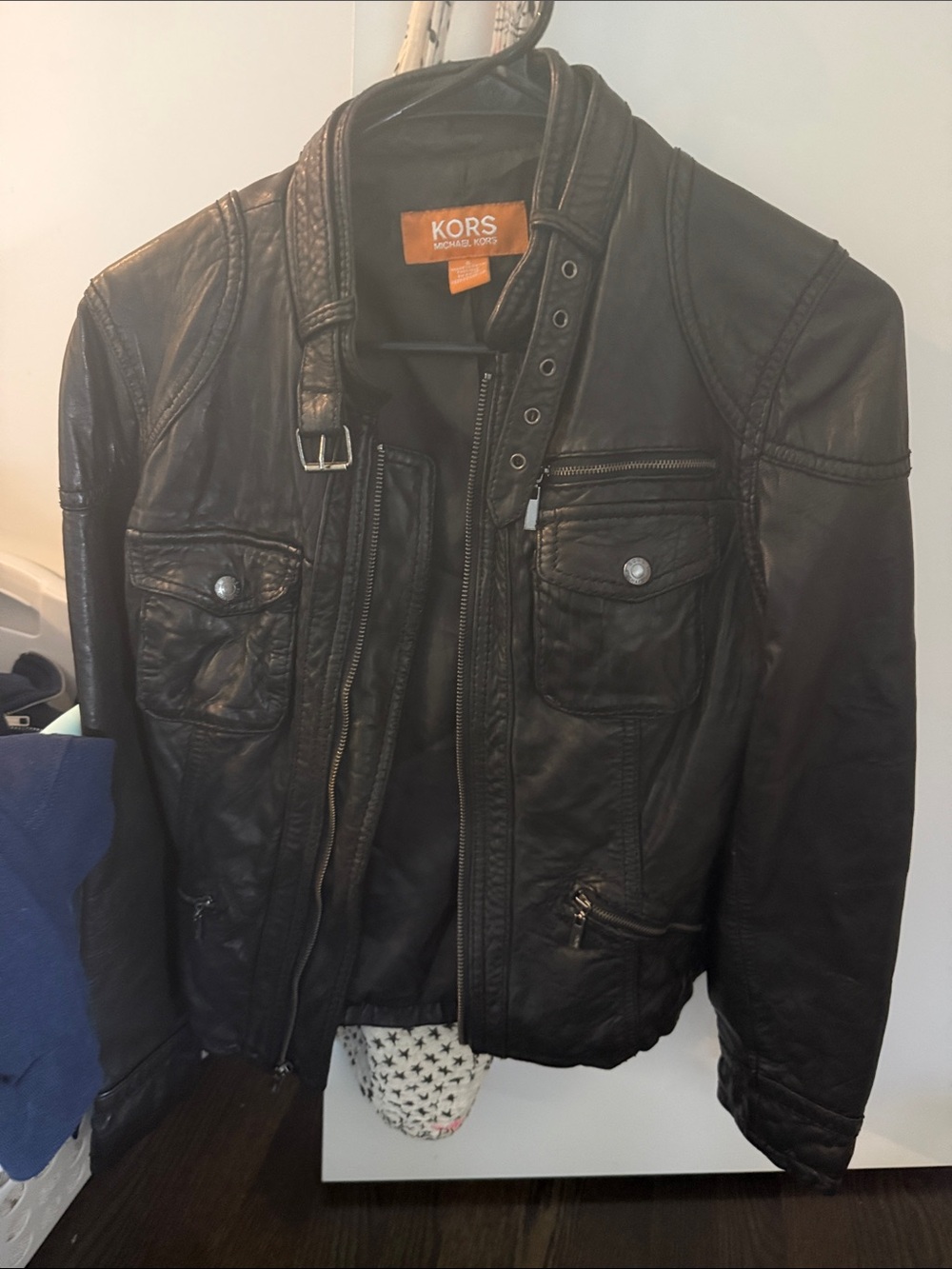 Michael Kors Black Leather Bomber Jacket with Moto Details